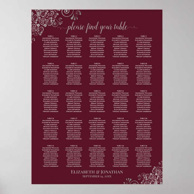 25 Table Silver & Burgundy Wedding Seating Chart (Front)