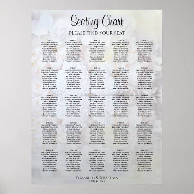 25 Table White Reflections Wedding Seating Chart (Front)