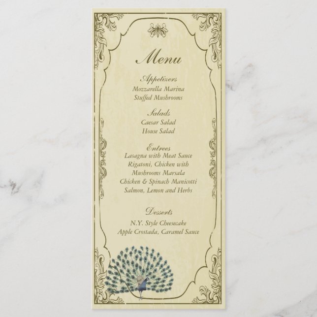 25 Tags du menu Mariage Peacock Vintage (Devant)
