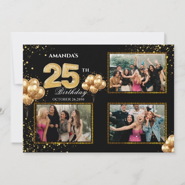 25 th Birthday Gold Silver Black Balloons Invitation (Front)