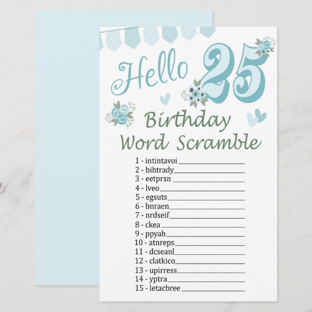 25 th Birthday Word Scramble Game (Front/Back)