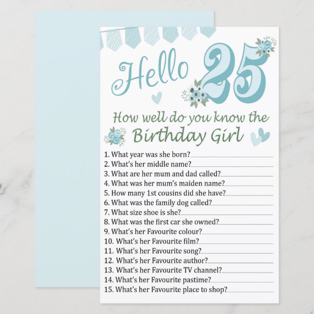 25 th How well do you know the birthday girl (Front/Back)