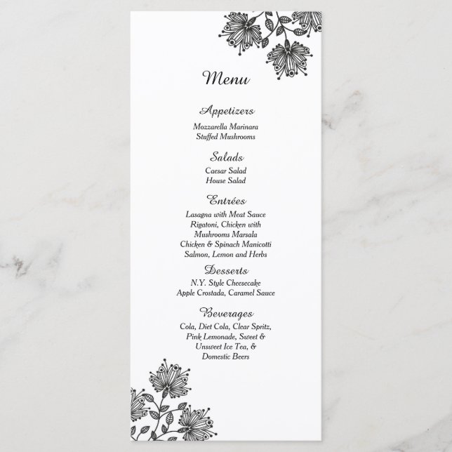 25 White and Black Floral Menu Cards (Front)