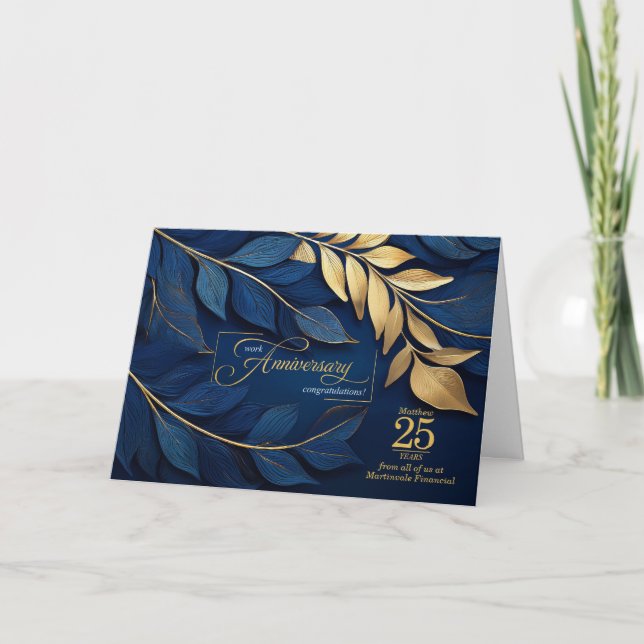 25 Year Employee Anniversary Blue Botanical CUSTOM Card (Front)