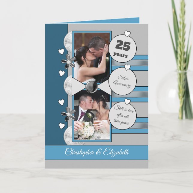 25 years silver anniversary blue and gray photo card (Front)