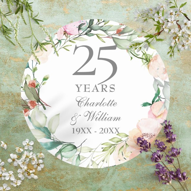 25 Years Silver Wedding Anniversary Roses Floral Classic Round Sticker (25 Years Silver Wedding Anniversary Roses Floral Classic Round Sticker)