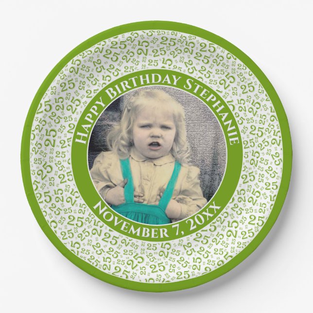 25 Your Photo Random Number Pattern Green/White Paper Plate (Front)