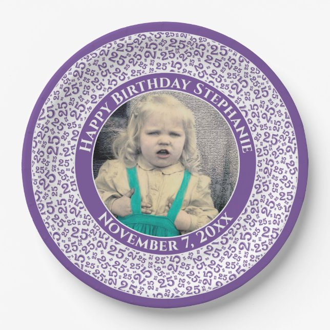 25 Your Photo Random Number Pattern Purple/White Paper Plate (Front)