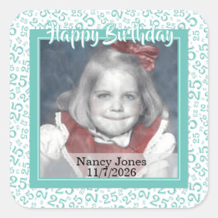 25 Your Photo Random Number Pattern Teal/White Square Sticker