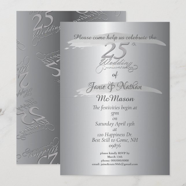 "25e anniversaire de mariage" Invitations argentée (Devant / Derrière)