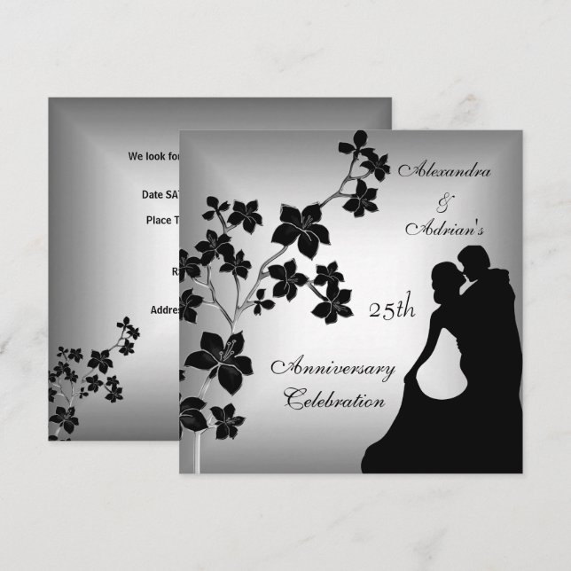 25th Anniversary Asian Black Silver Floral Couple Invitation (Front/Back)