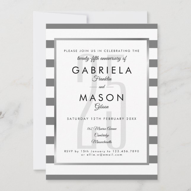 25th Anniversary Classic Silver Stripe Art Deco  Invitation (Front)