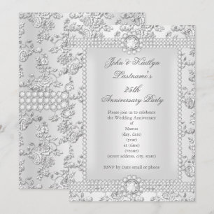 25th Anniversary Diamond Rose Damask Silver long Invitation