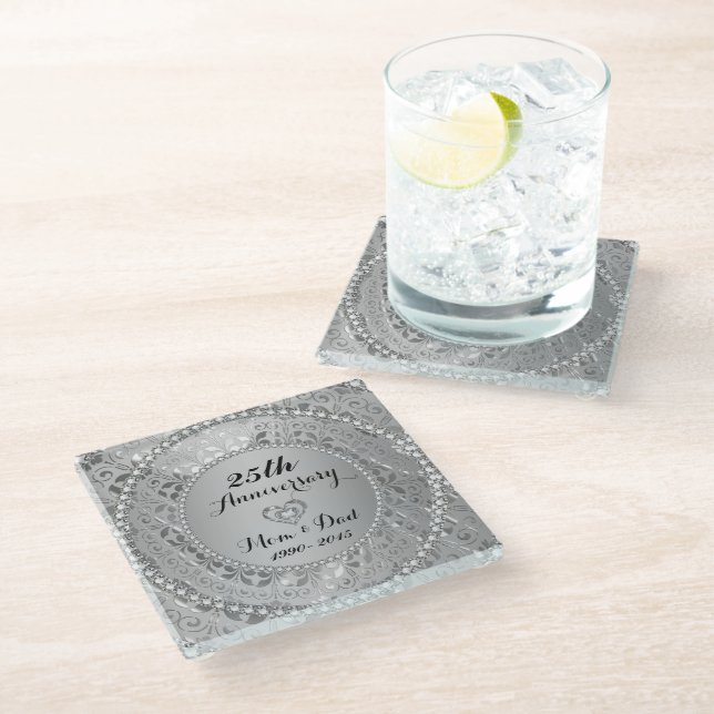 25th Anniversary. Diamonds And Silver Tones Glass Coaster (Angled)