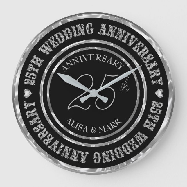 25th Anniversary  Diamonds Text Large Clock (Front)