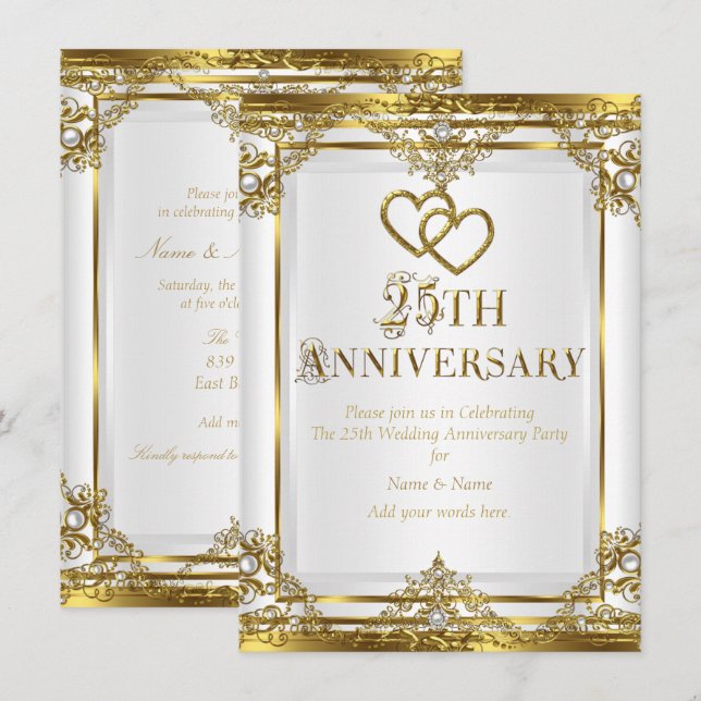 25th Anniversary Elegant Gold White Pearl 2 Invitation (Front/Back)