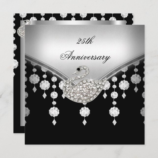 25th Anniversary Elegant Silver Black White Swan Invitation (Front/Back)