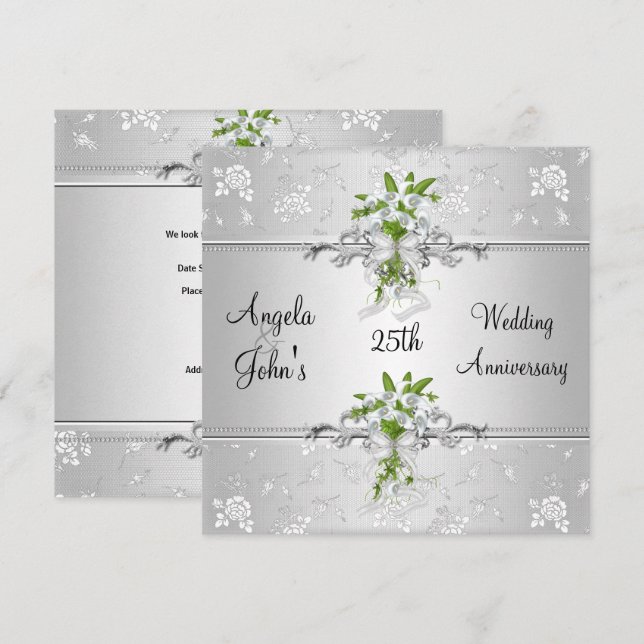 25th Anniversary Elegant Silver White Floral Invitation (Front/Back)