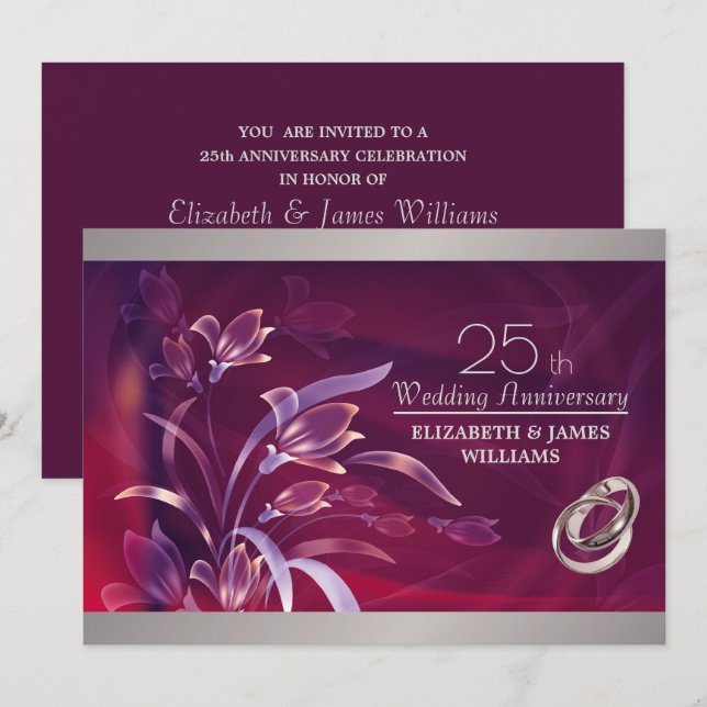25th Anniversary Floral Burgundy Silver Invitation (Front/Back)