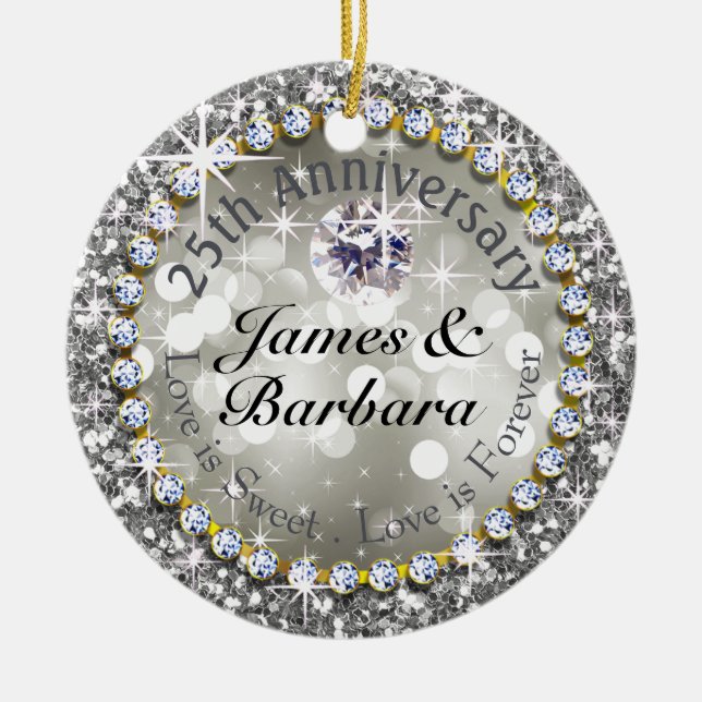 25th Anniversary Glitzy Diamond Bling Ceramic Ornament (Front)