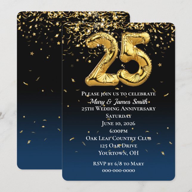 25th Anniversary Gold Balloons & Confetti  Invitat Invitation (Front/Back)
