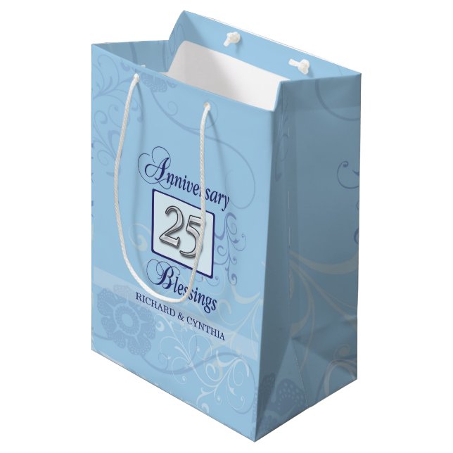 25th Anniversary in Blue and Silver Medium Gift Bag (Front Angled)