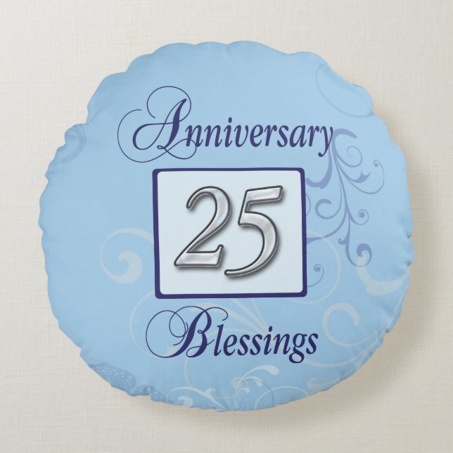25th Anniversary in Blue and Silver Round Pillow (Front)