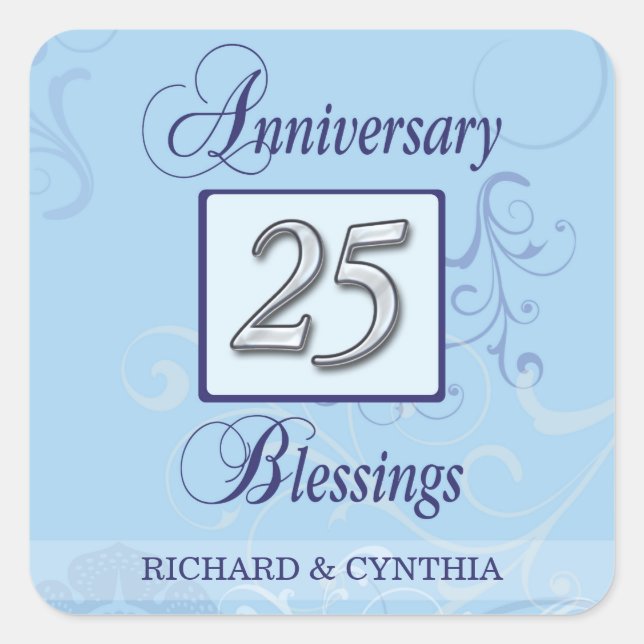 25th Anniversary in Blue and Silver Square Sticker (Front)