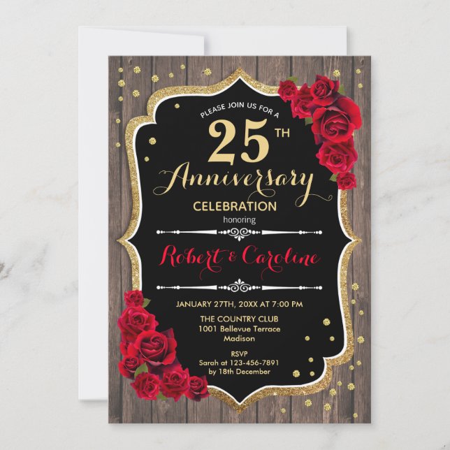 25th Anniversary Invitation - Wood Red Gold (Front)