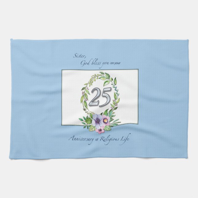 25th Anniversary of Catholic Nun Wreath and Silver Kitchen Towel (Horizontal)
