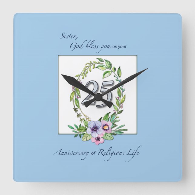 25th Anniversary of Catholic Nun Wreath and Silver Square Wall Clock (Front)