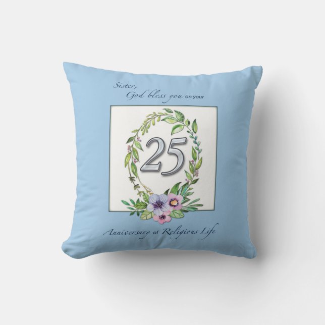 25th Anniversary of Catholic Nun Wreath and Silver Throw Pillow (Front)