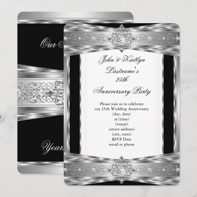 25th Anniversary Party Damask Diamond Silver Black Invitation (Front/Back)