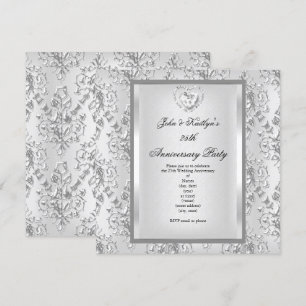 25th Anniversary Party Damask Silver White 2 Invitation