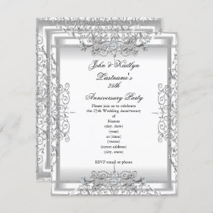 25th Anniversary Party Damask Silver White Invitation