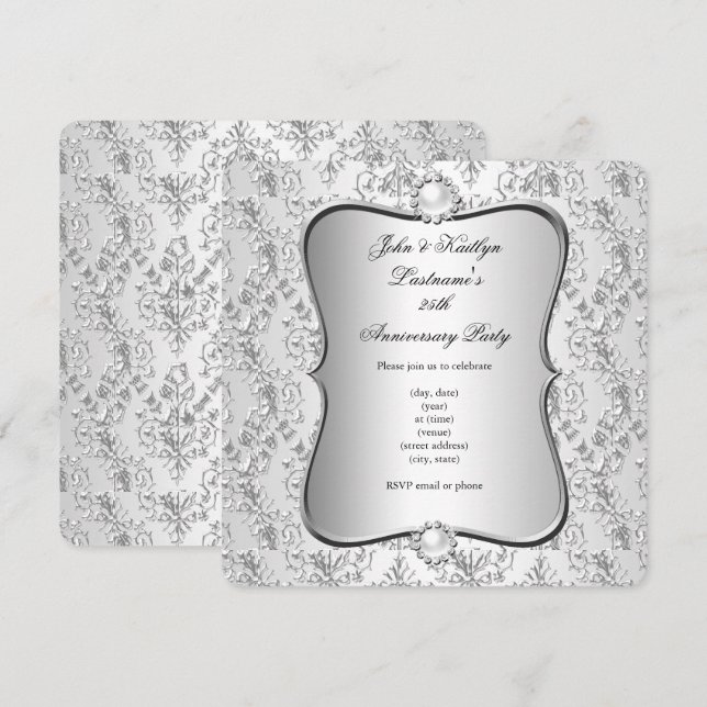 25th Anniversary Party Damask Silver White Invitation (Front/Back)
