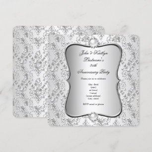 25th Anniversary Party Damask Silver White Invitation