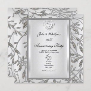 25th Anniversary Party Damask Silver White Invitation