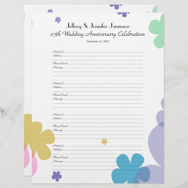 25th Anniversary Party Guest Book Sign-In Page (Front/Back)
