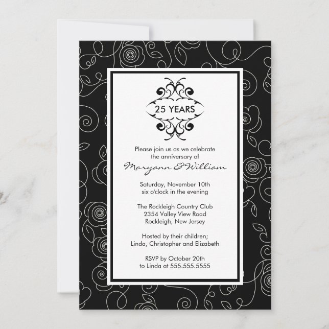 25th Anniversary Party Invitation Black & White (Front)