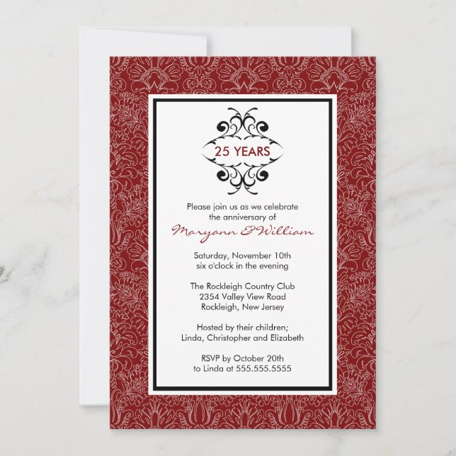 25th Anniversary Party Invitation Red Damask (Front)