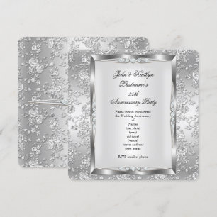 25th Anniversary Party Rose Damask Silver White 4 Invitation