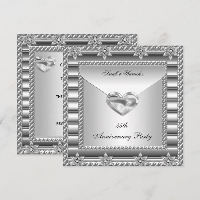 25th Anniversary Party Silver White Heart Jewel 3 Invitation (Front/Back)