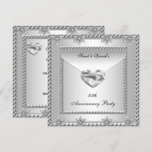 25th Anniversary Party Silver White Heart Jewel 4 Invitation