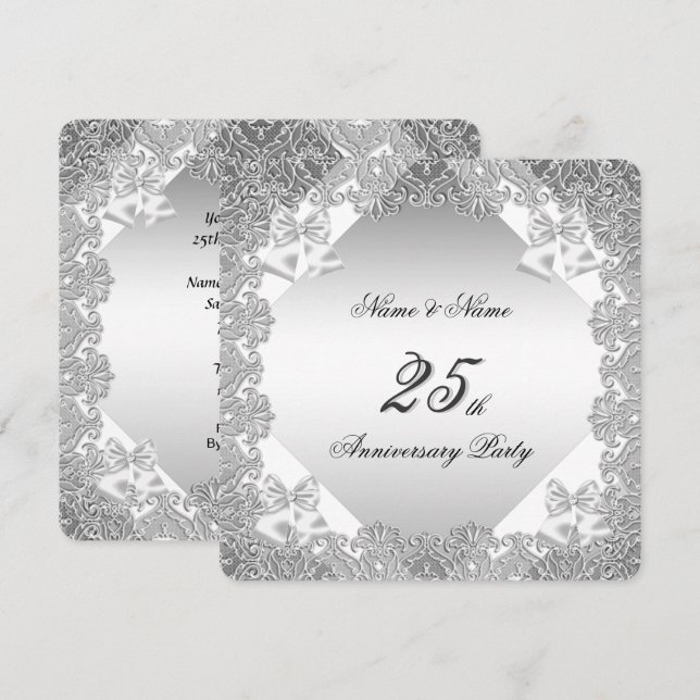 25th Anniversary Party White Silver Lace Invitation (Front/Back)