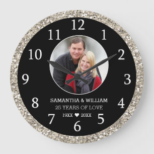 25th Anniversary Photo Black And Silver Glitter  Large Clock