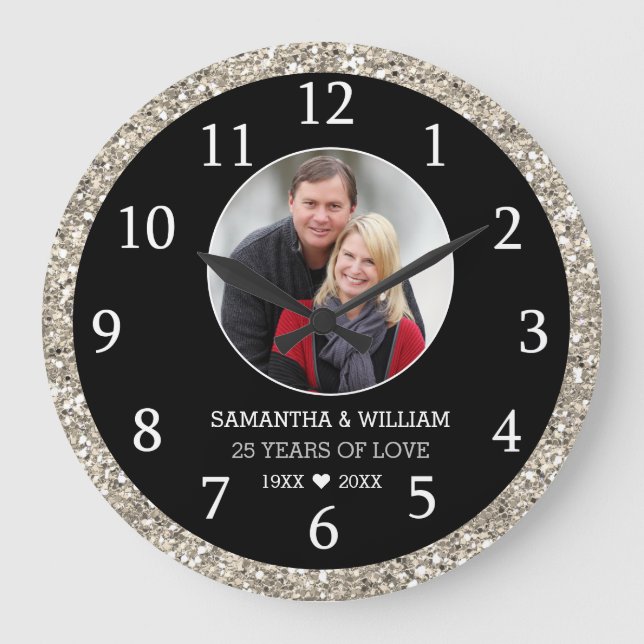 25th Anniversary Photo Black And Silver Glitter  Large Clock (Front)