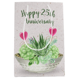 25th Anniversary Pink Hearts in Succulents    Medium Gift Bag
