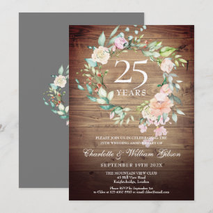25th Anniversary Rustic Boho Wood Roses Garland Invitation