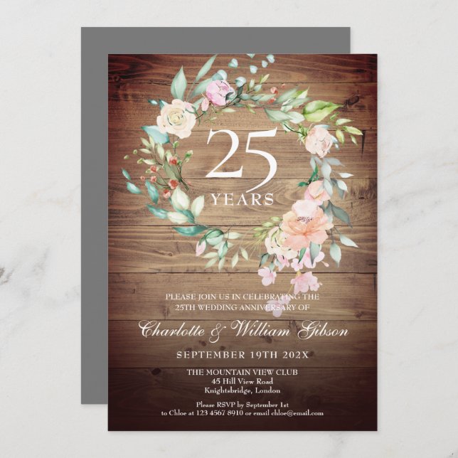 25th Anniversary Rustic Boho Wood Roses Garland Invitation (Front/Back)